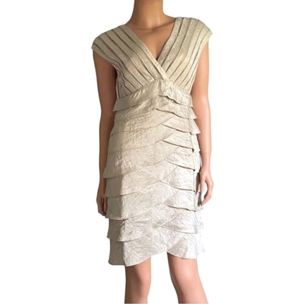 Adrianna Papell Silver Metallic Ruffle Tiered Cocktail Evening Dress Sleeveless - Picture 15 of 17